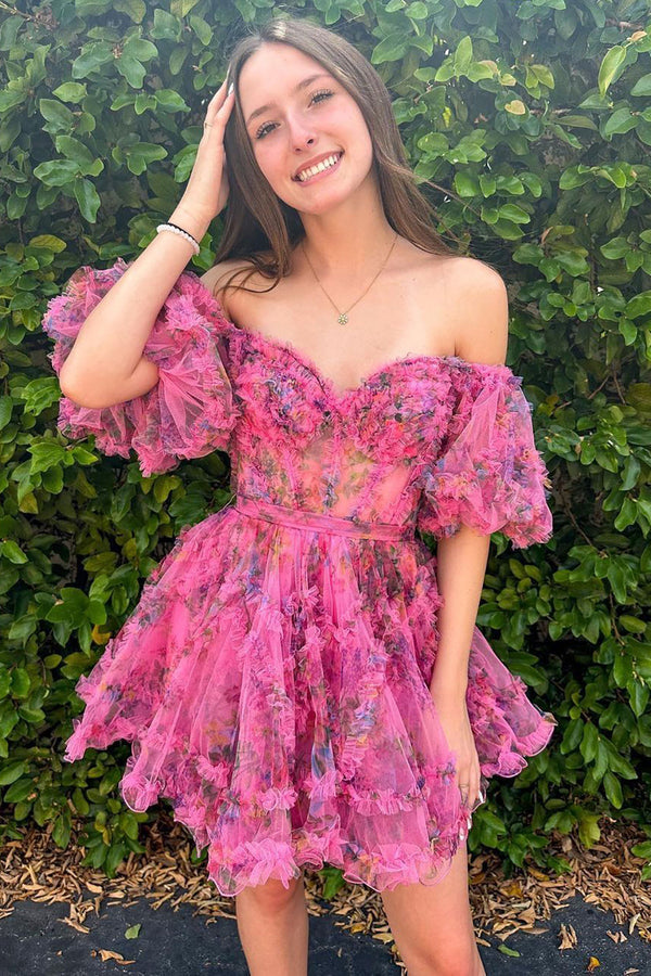 Luolandi A Line Off the Shoulder Printed Homecoming Dress Short Sleeves Lovely Graduation Dress